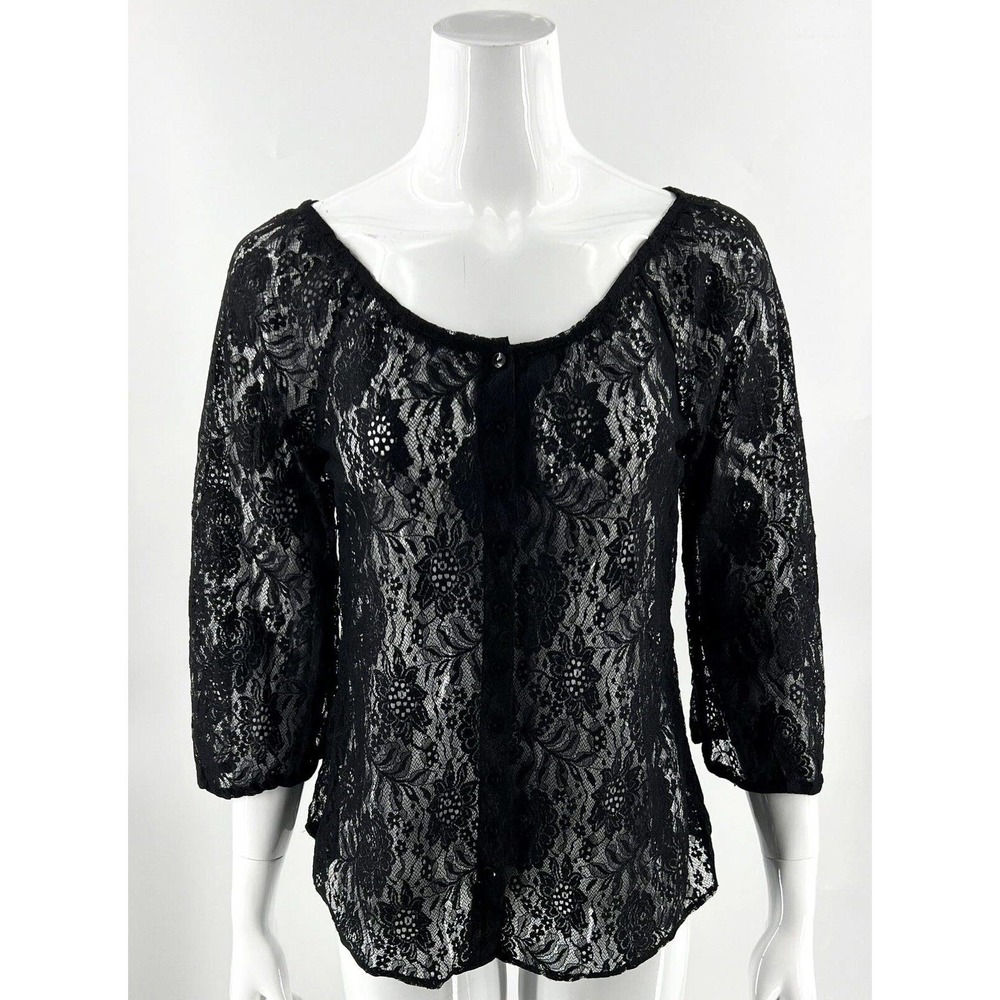 Lucky Brand Lace Top Size Small Black Button Up 3/4 Sleeve Blouse Womens